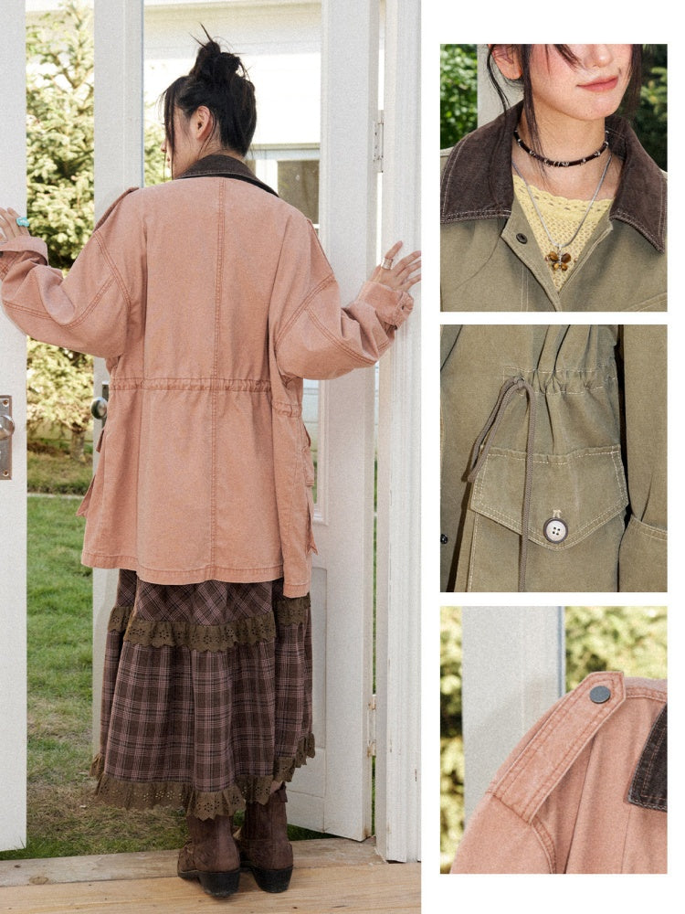 Cotton Mid-Length Loose Drop Shoulder Vintage Washed Casual Workwear Jacket【s0000018572】