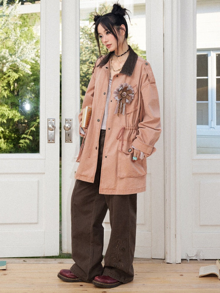 Cotton Mid-Length Loose Drop Shoulder Vintage Washed Casual Workwear Jacket【s0000018572】