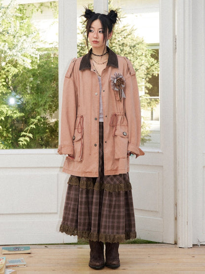 Cotton Mid-Length Loose Drop Shoulder Vintage Washed Casual Workwear Jacket【s0000018572】