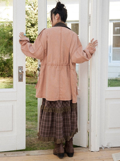 Cotton Mid-Length Loose Drop Shoulder Vintage Washed Casual Workwear Jacket【s0000018572】