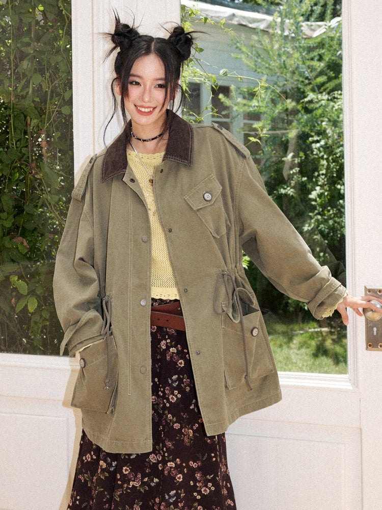 Cotton Mid-Length Loose Drop Shoulder Vintage Washed Casual Workwear Jacket【s0000018572】