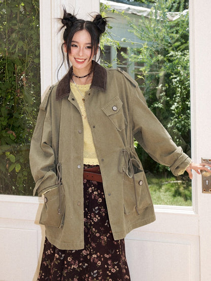 Cotton Mid-Length Loose Drop Shoulder Vintage Washed Casual Workwear Jacket【s0000018572】