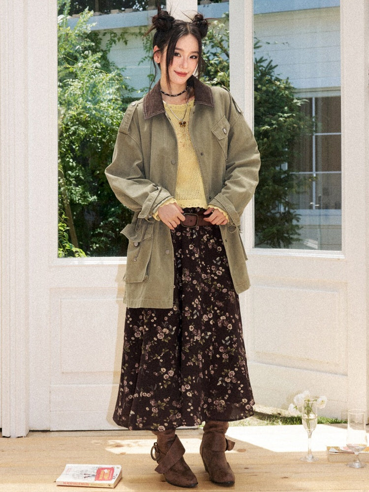 Cotton Mid-Length Loose Drop Shoulder Vintage Washed Casual Workwear Jacket【s0000018572】