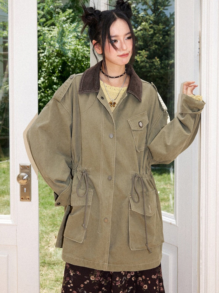Cotton Mid-Length Loose Drop Shoulder Vintage Washed Casual Workwear Jacket【s0000018572】
