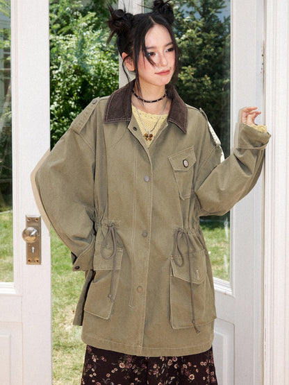 Cotton Mid-Length Loose Drop Shoulder Vintage Washed Casual Workwear Jacket【s0000018572】