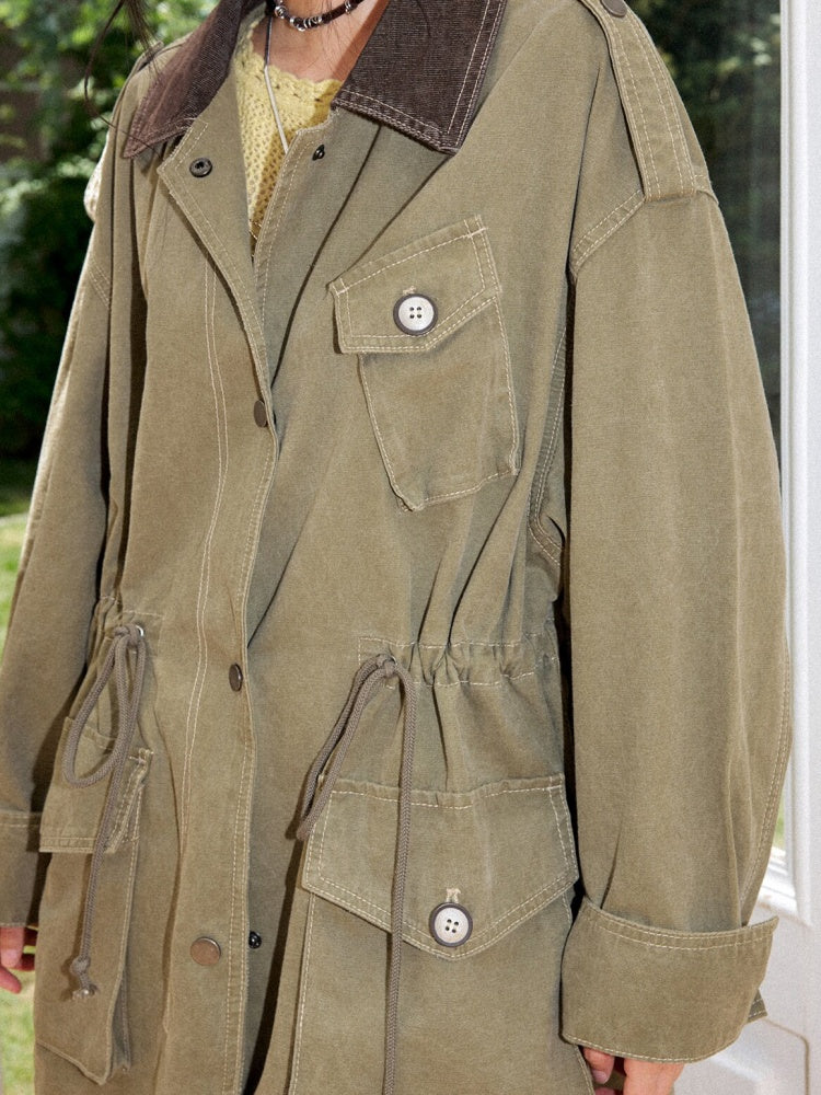 Cotton Mid-Length Loose Drop Shoulder Vintage Washed Casual Workwear Jacket【s0000018572】