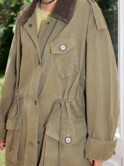 Cotton Mid-Length Loose Drop Shoulder Vintage Washed Casual Workwear Jacket【s0000018572】