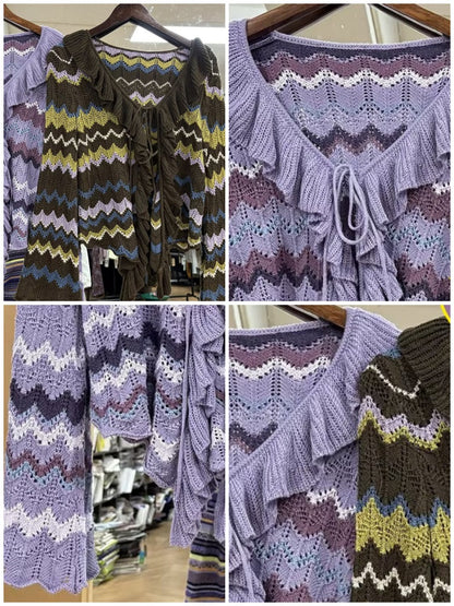 Slightly Dropped Shoulder Long-Sleeve Color-Blocked Wave Stripe Cutout Cardigan【s0000018573】