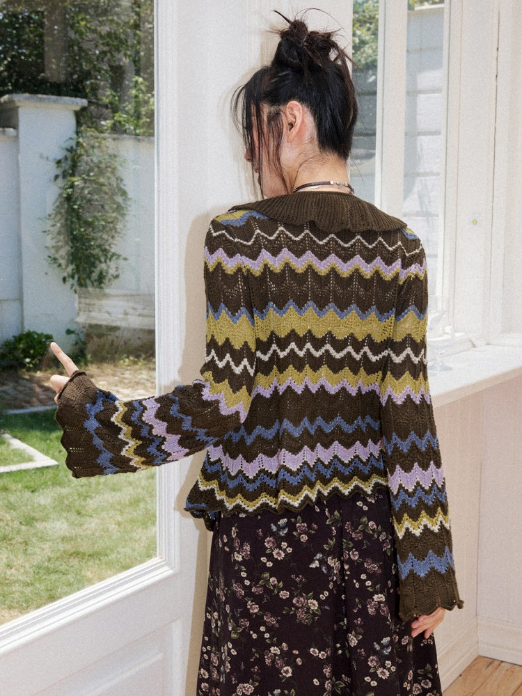 Slightly Dropped Shoulder Long-Sleeve Color-Blocked Wave Stripe Cutout Cardigan【s0000018573】
