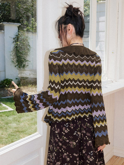 Slightly Dropped Shoulder Long-Sleeve Color-Blocked Wave Stripe Cutout Cardigan【s0000018573】