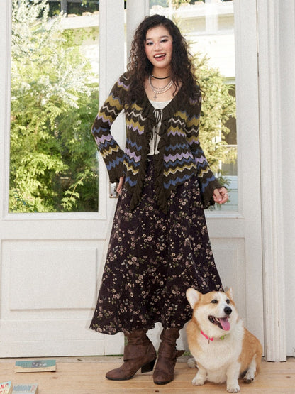 Slightly Dropped Shoulder Long-Sleeve Color-Blocked Wave Stripe Cutout Cardigan【s0000018573】