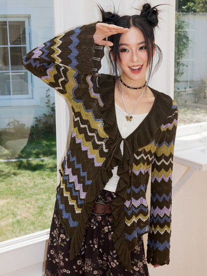 Slightly Dropped Shoulder Long-Sleeve Color-Blocked Wave Stripe Cutout Cardigan【s0000018573】
