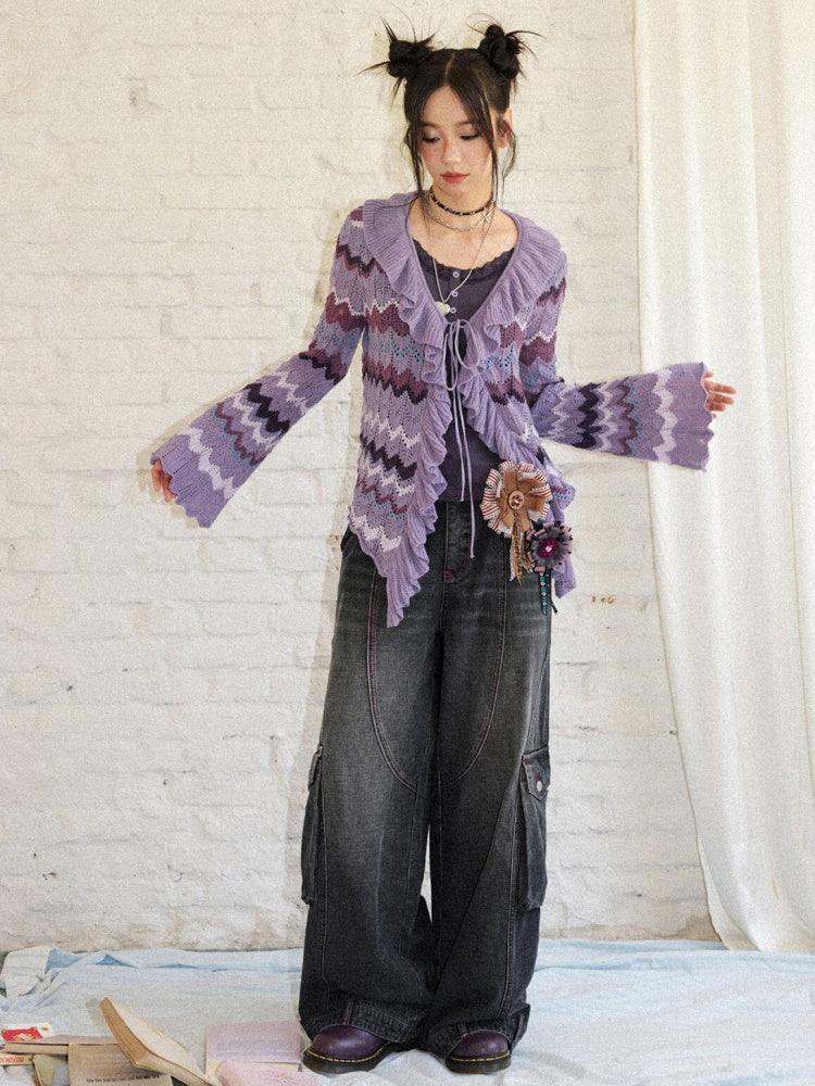 Slightly Dropped Shoulder Long-Sleeve Color-Blocked Wave Stripe Cutout Cardigan【s0000018573】