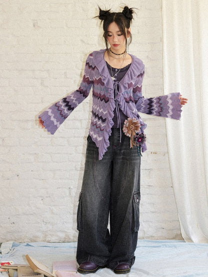 Slightly Dropped Shoulder Long-Sleeve Color-Blocked Wave Stripe Cutout Cardigan【s0000018573】