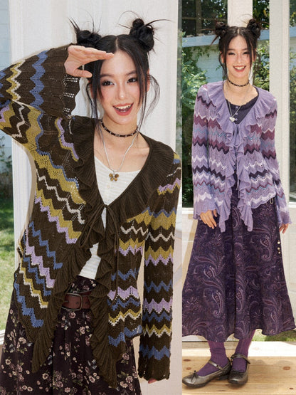 Slightly Dropped Shoulder Long-Sleeve Color-Blocked Wave Stripe Cutout Cardigan【s0000018573】