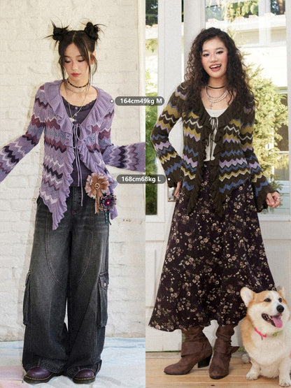 Slightly Dropped Shoulder Long-Sleeve Color-Blocked Wave Stripe Cutout Cardigan【s0000018573】