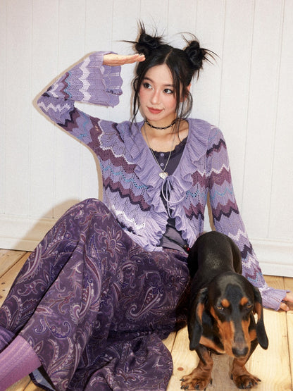 Slightly Dropped Shoulder Long-Sleeve Color-Blocked Wave Stripe Cutout Cardigan【s0000018573】