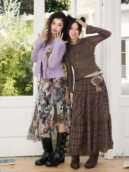 Vintage Brown Structured Anti-Wrinkle High-Waist Elastic A-Line Plaid Midi Skirt【s0000018574】