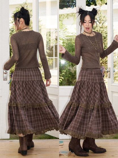 Vintage Brown Structured Anti-Wrinkle High-Waist Elastic A-Line Plaid Midi Skirt【s0000018574】