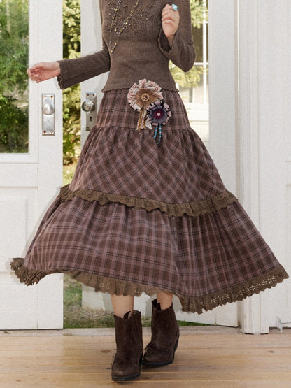 Vintage Brown Structured Anti-Wrinkle High-Waist Elastic A-Line Plaid Midi Skirt【s0000018574】