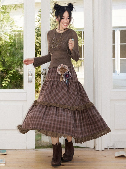 Vintage Brown Structured Anti-Wrinkle High-Waist Elastic A-Line Plaid Midi Skirt【s0000018574】