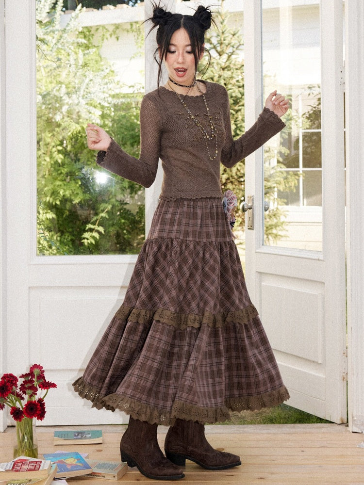Vintage Brown Structured Anti-Wrinkle High-Waist Elastic A-Line Plaid Midi Skirt【s0000018574】