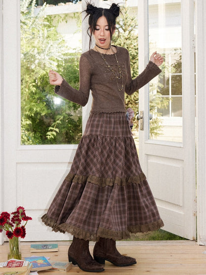 Vintage Brown Structured Anti-Wrinkle High-Waist Elastic A-Line Plaid Midi Skirt【s0000018574】