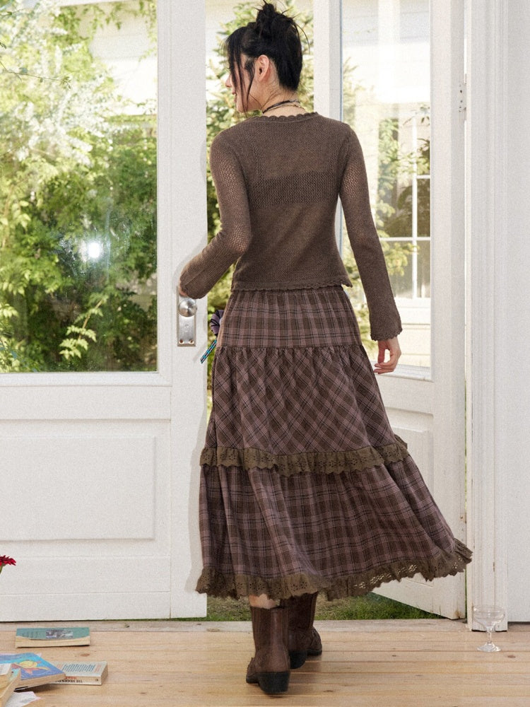 Vintage Brown Structured Anti-Wrinkle High-Waist Elastic A-Line Plaid Midi Skirt【s0000018574】