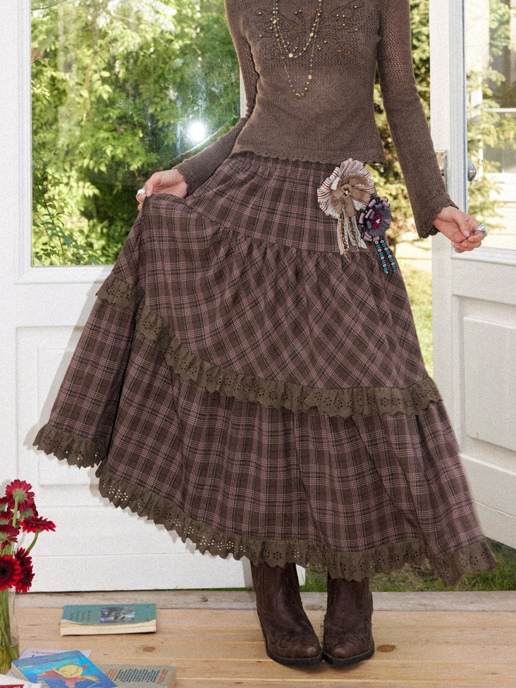 Vintage Brown Structured Anti-Wrinkle High-Waist Elastic A-Line Plaid Midi Skirt【s0000018574】