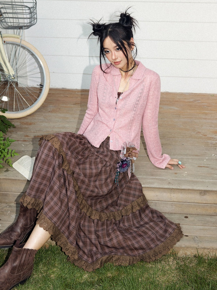 Vintage Brown Structured Anti-Wrinkle High-Waist Elastic A-Line Plaid Midi Skirt【s0000018574】