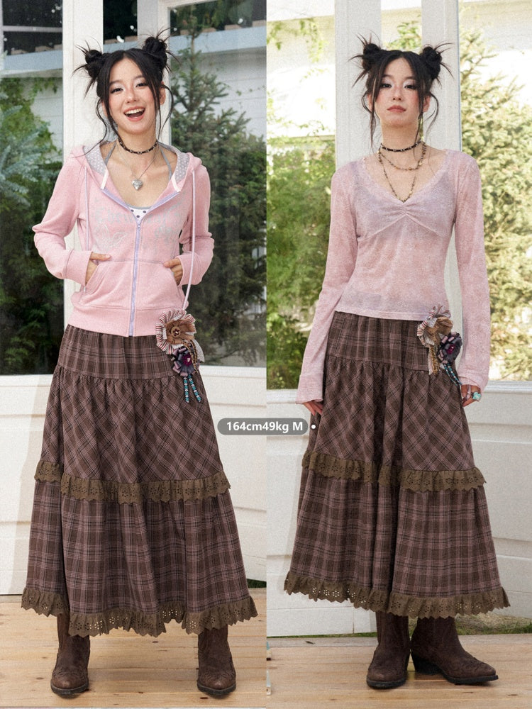 Vintage Brown Structured Anti-Wrinkle High-Waist Elastic A-Line Plaid Midi Skirt【s0000018574】