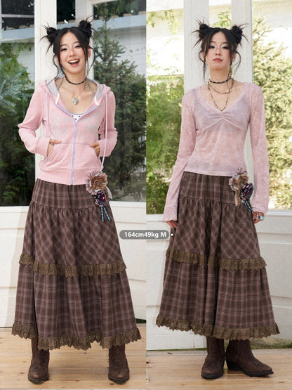 Vintage Brown Structured Anti-Wrinkle High-Waist Elastic A-Line Plaid Midi Skirt【s0000018574】