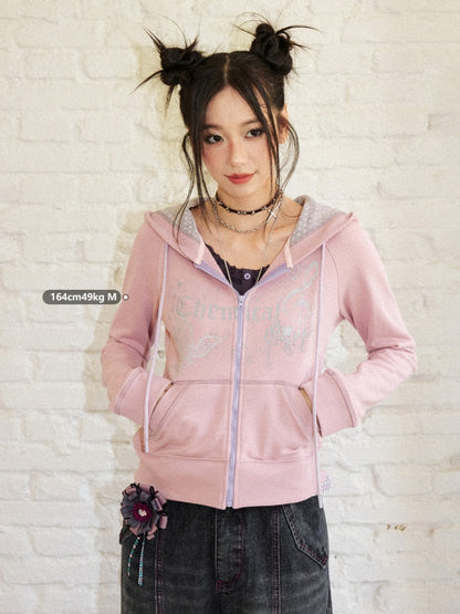 Butterfly Cotton Hooded Printed Long-Sleeve Cardigan Sweatshirt【s0000018576】