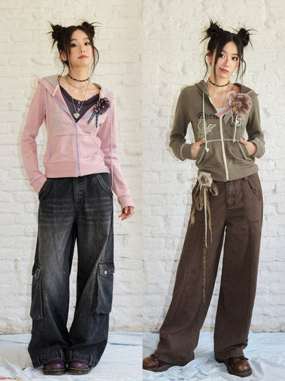 Butterfly Cotton Hooded Printed Long-Sleeve Cardigan Sweatshirt【s0000018576】