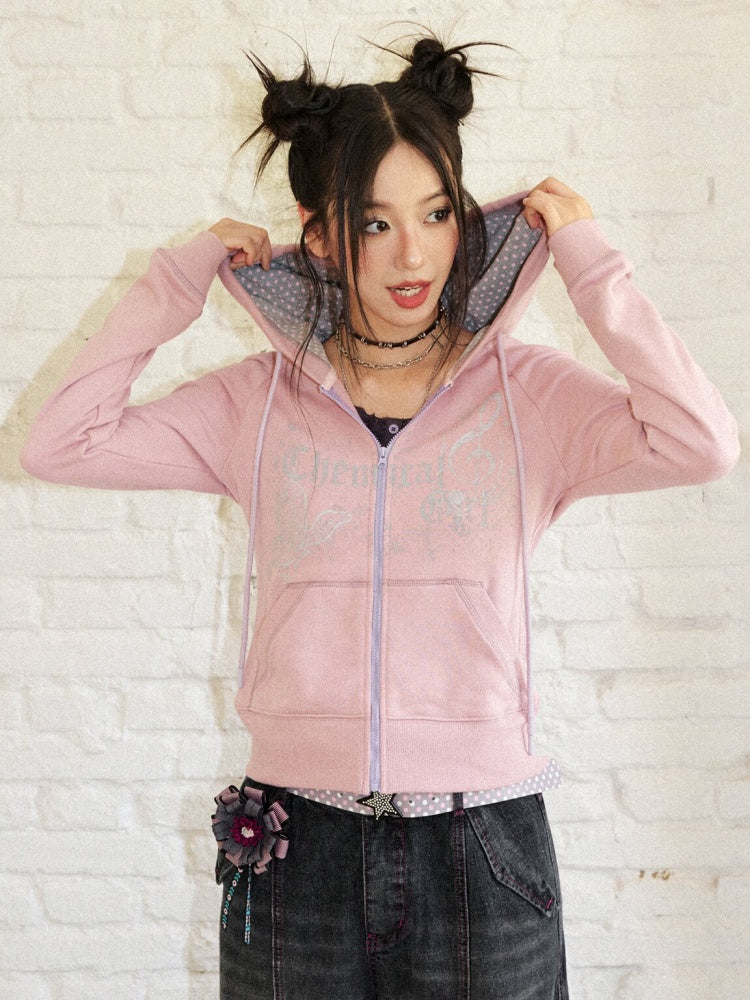 Butterfly Cotton Hooded Printed Long-Sleeve Cardigan Sweatshirt【s0000018576】