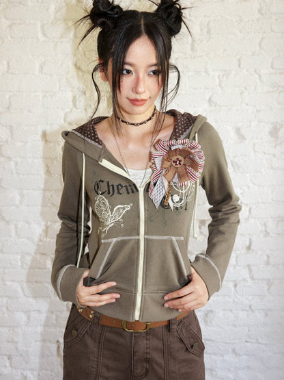 Butterfly Cotton Hooded Printed Long-Sleeve Cardigan Sweatshirt【s0000018576】