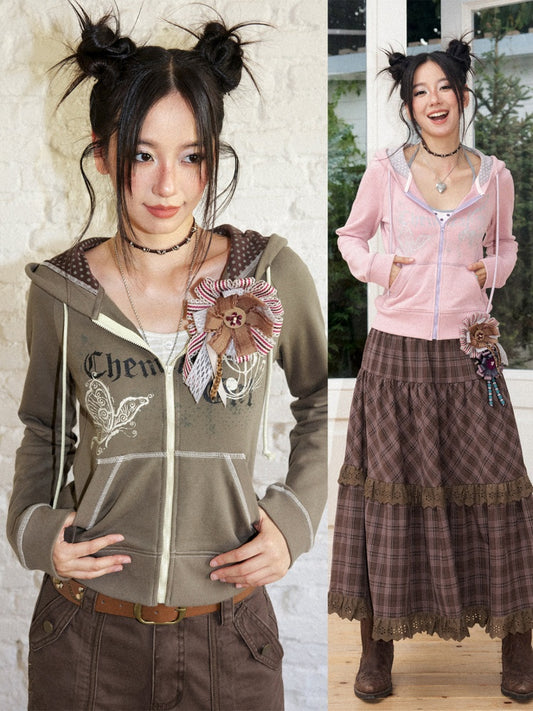 Butterfly Cotton Hooded Printed Long-Sleeve Cardigan Sweatshirt【s0000018576】