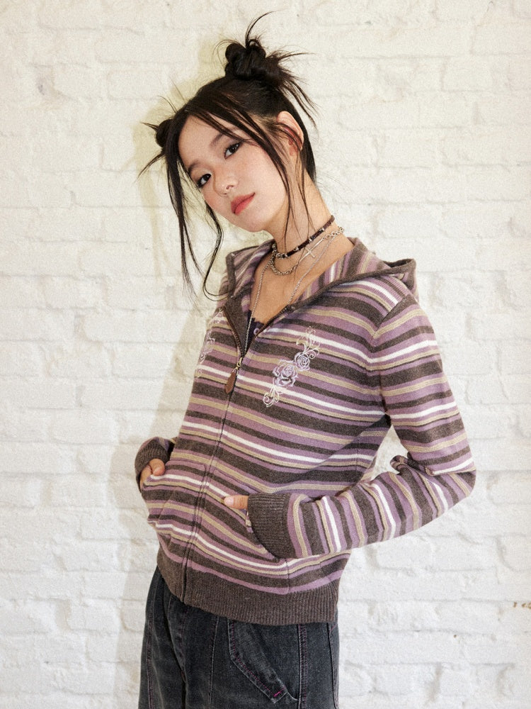 Rose Embroidery Striped Loose Cardigan Hooded Sweater【s0000018577】