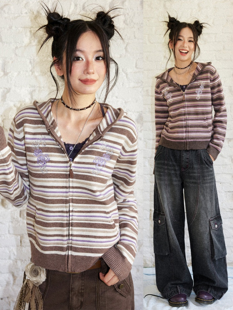 Rose Embroidery Striped Loose Cardigan Hooded Sweater【s0000018577】