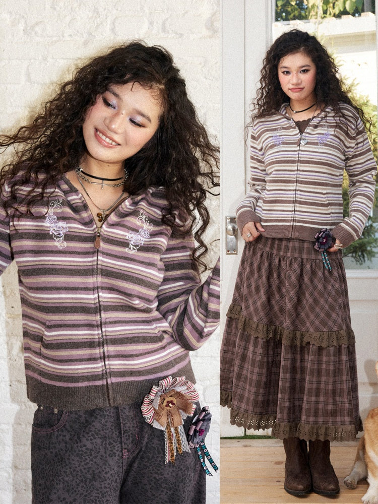 Rose Embroidery Striped Loose Cardigan Hooded Sweater【s0000018577】