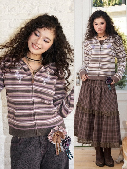 Rose Embroidery Striped Loose Cardigan Hooded Sweater【s0000018577】