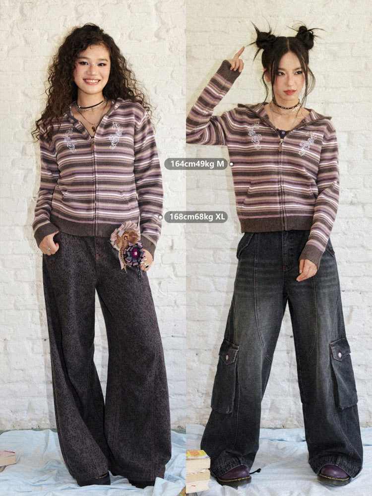 Rose Embroidery Striped Loose Cardigan Hooded Sweater【s0000018577】