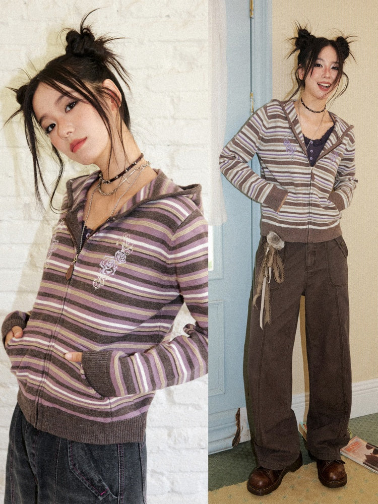 Rose Embroidery Striped Loose Cardigan Hooded Sweater【s0000018577】