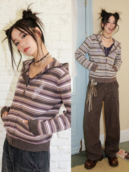Rose Embroidery Striped Loose Cardigan Hooded Sweater【s0000018577】