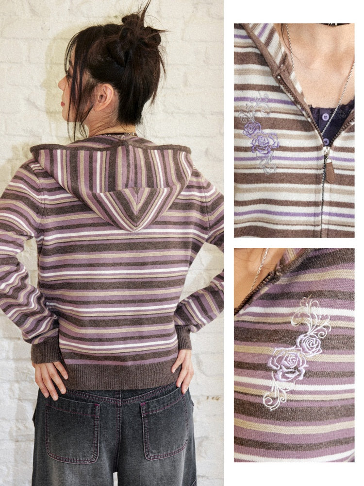 Rose Embroidery Striped Loose Cardigan Hooded Sweater【s0000018577】