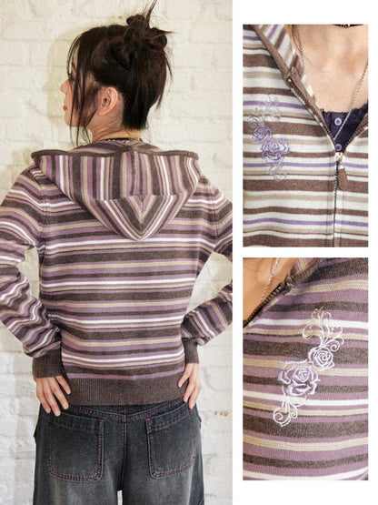Rose Embroidery Striped Loose Cardigan Hooded Sweater【s0000018577】