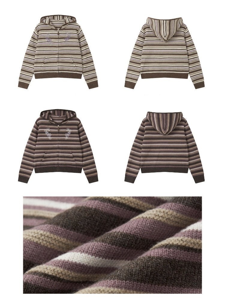 Rose Embroidery Striped Loose Cardigan Hooded Sweater【s0000018577】