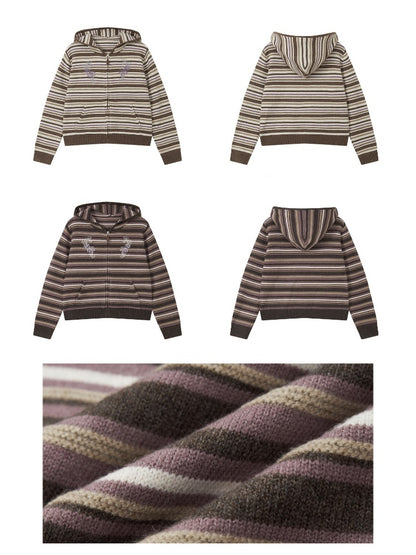 Rose Embroidery Striped Loose Cardigan Hooded Sweater【s0000018577】