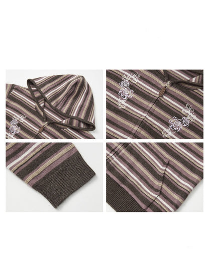 Rose Embroidery Striped Loose Cardigan Hooded Sweater【s0000018577】