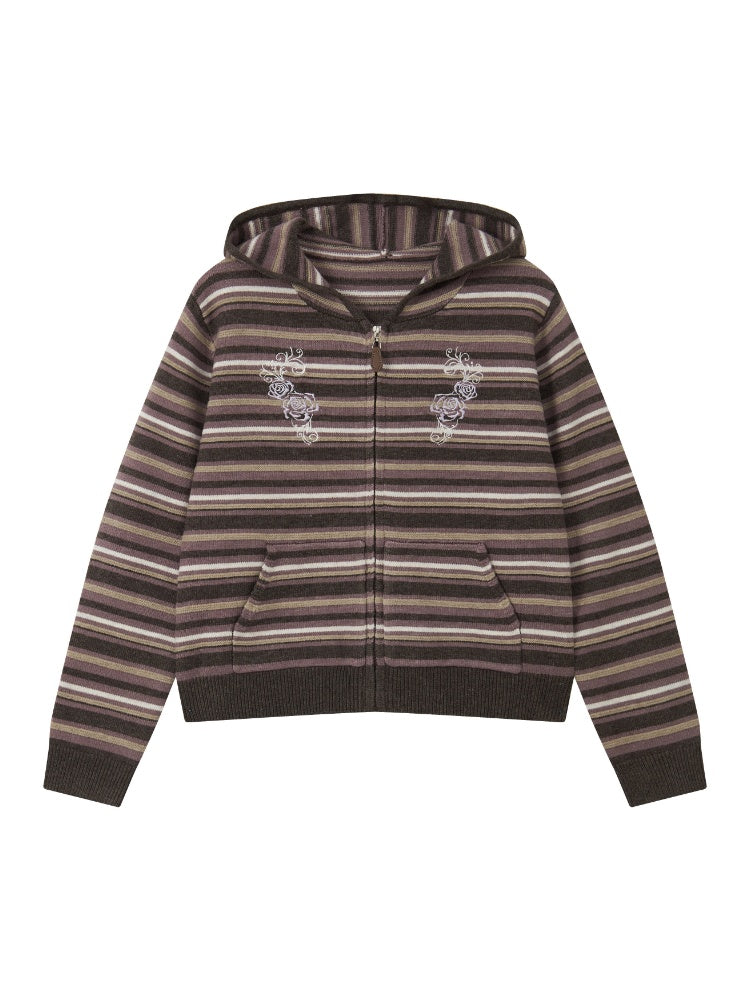 Rose Embroidery Striped Loose Cardigan Hooded Sweater【s0000018577】